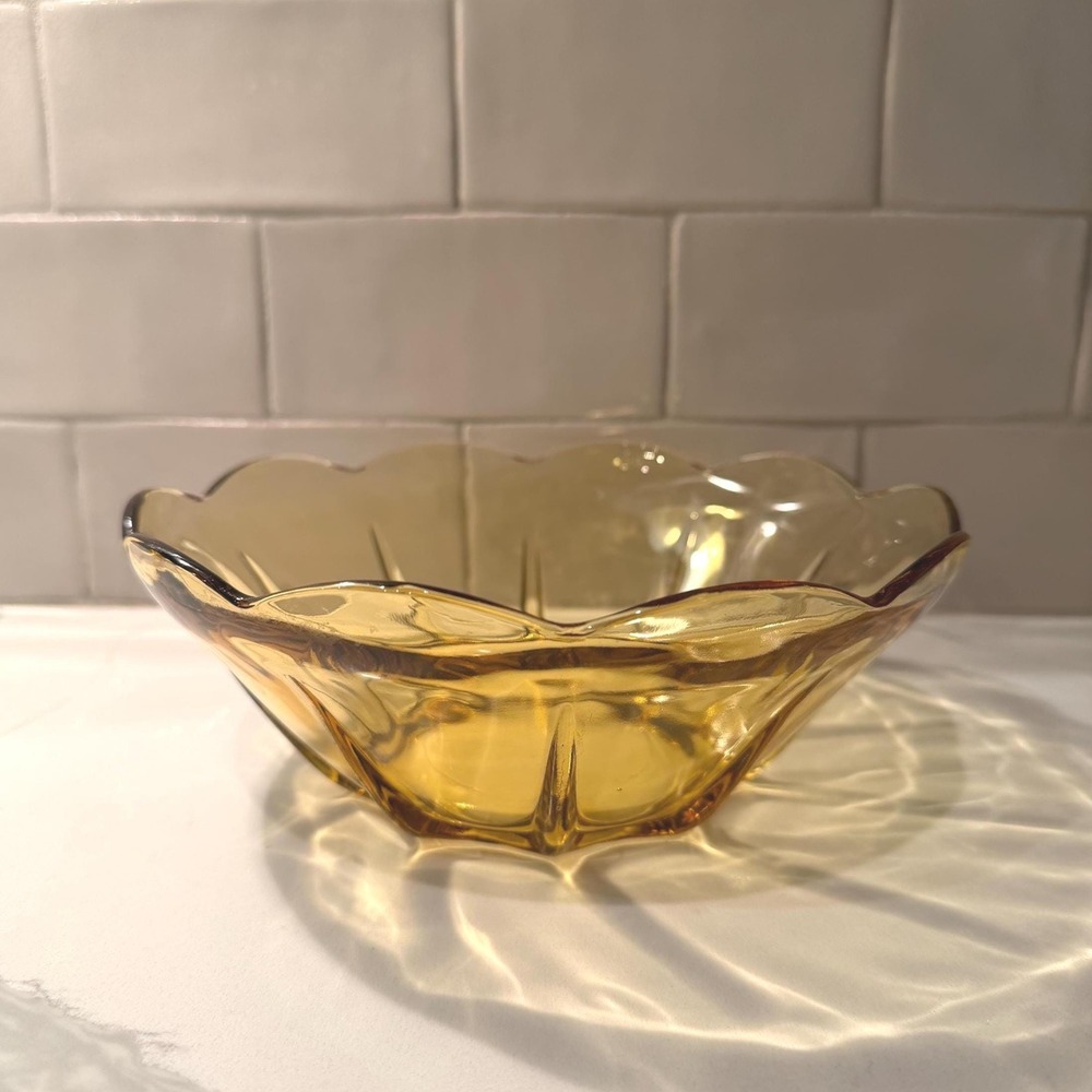 Vintage Amber Glass Serving Bowl | Scalloped Edge Decorative Bowl | Mid Century